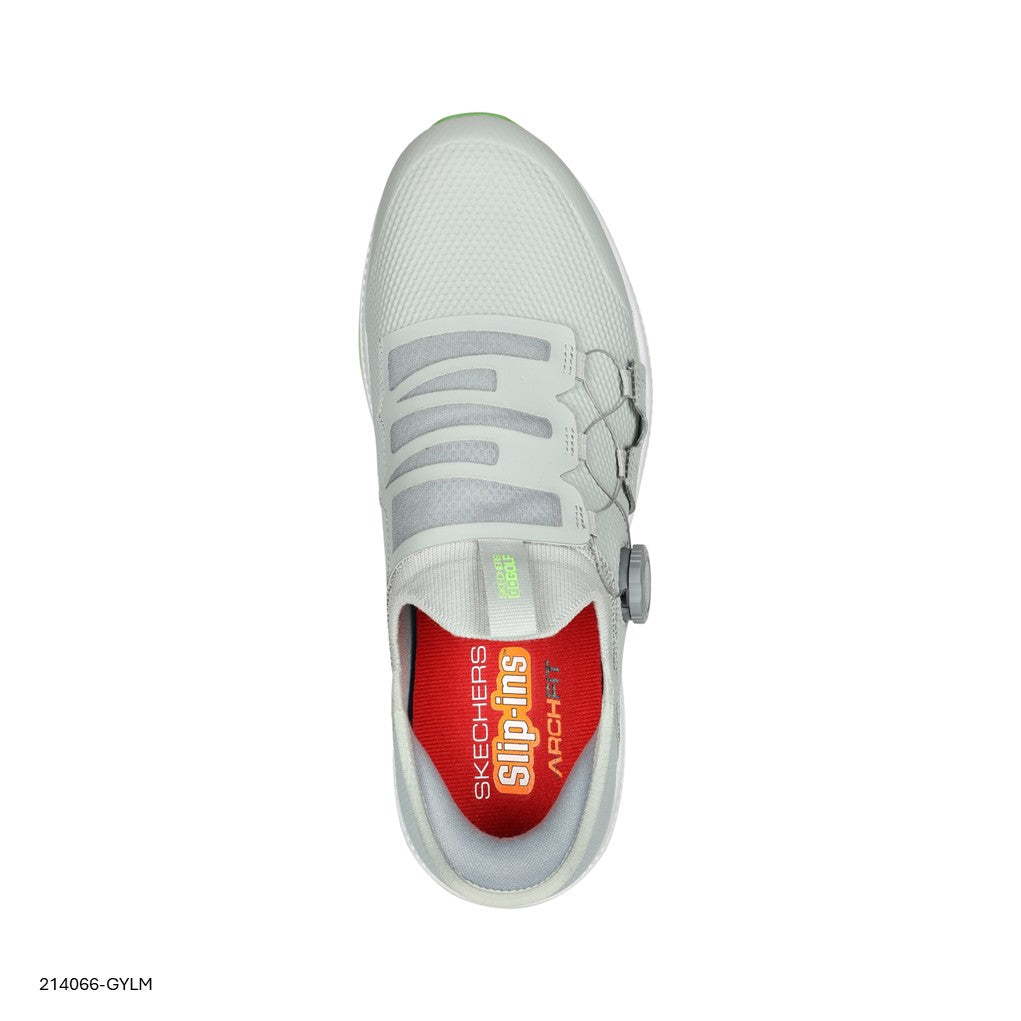 A pair of Skechers GO GOLF Elite 5 spikeless grey golf shoes with green accents and a white outsole.