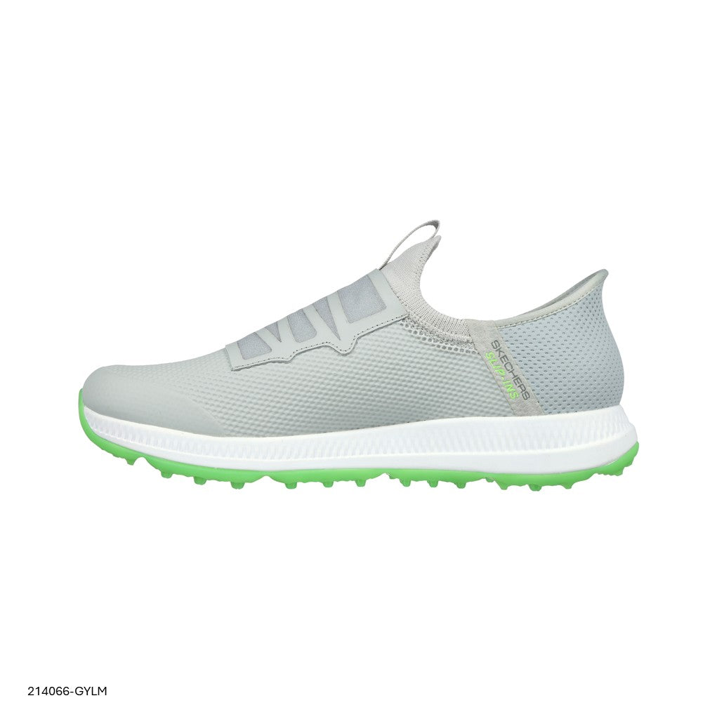 A pair of Skechers GO GOLF Elite 5 spikeless grey golf shoes with green accents and a white outsole.