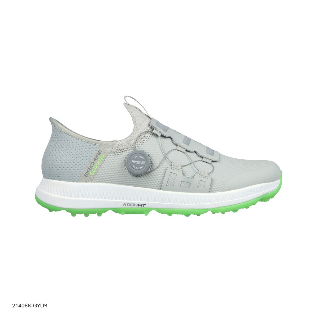 A pair of Skechers GO GOLF Elite 5 spikeless grey golf shoes with green accents and a white outsole.