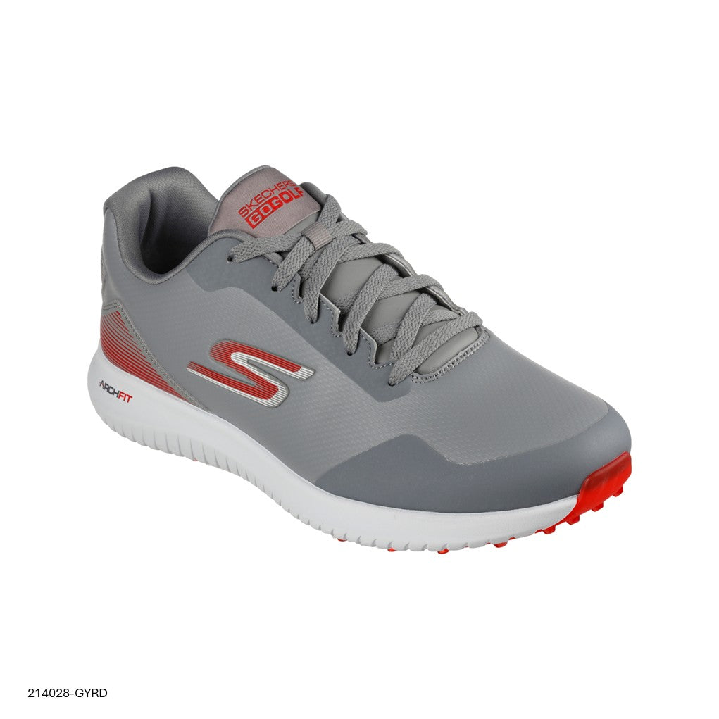 A pair of Skechers GO GOLF Max 2 spikeless golf shoes for men in gray color with red accents and white outsole.