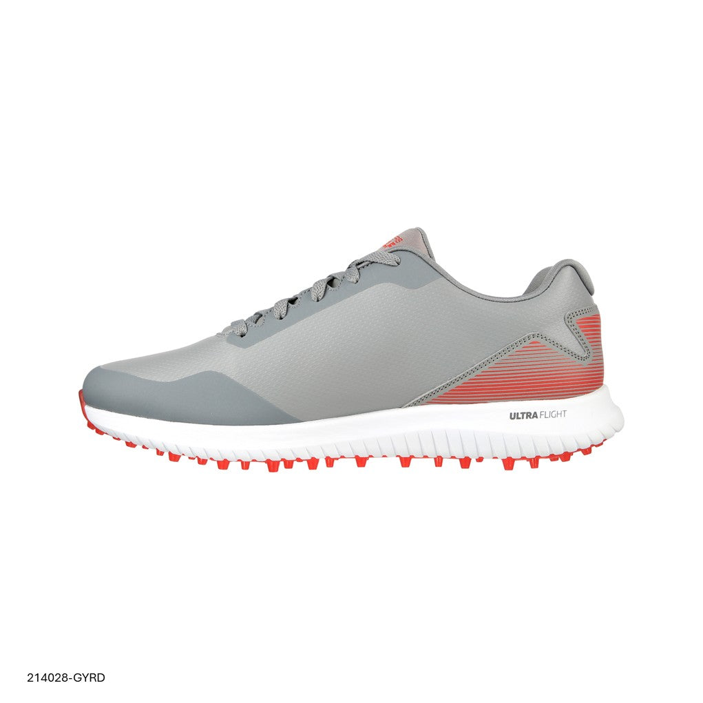 A pair of Skechers GO GOLF Max 2 spikeless golf shoes for men in gray color with red accents and white outsole.