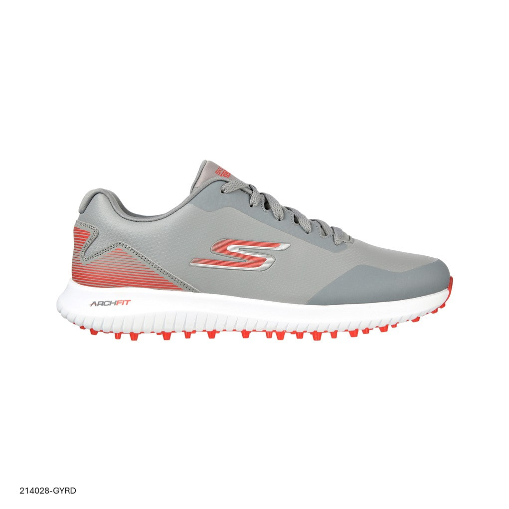 A pair of Skechers GO GOLF Max 2 spikeless golf shoes for men in gray color with red accents and white outsole.