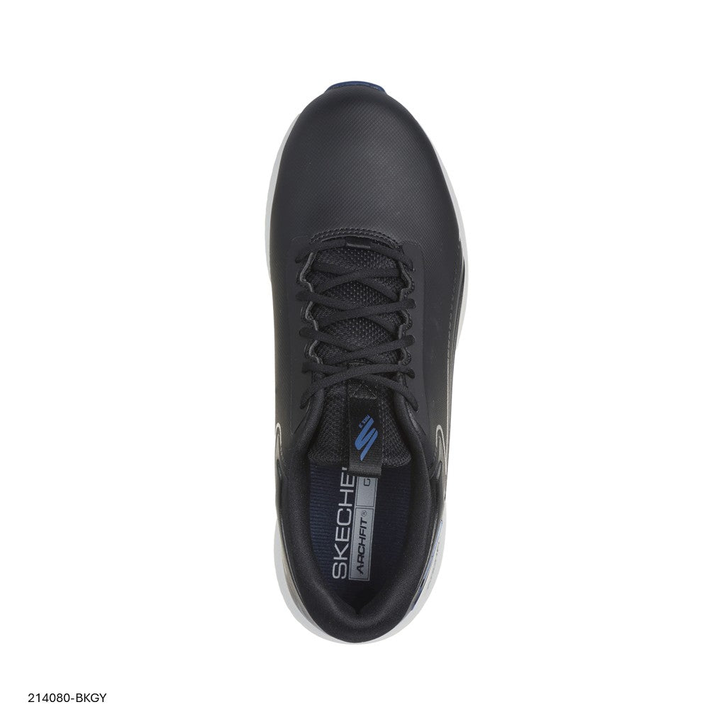 A black Skechers GO GOLF Max 3 spikeless golf shoe with a lace-up synthetic leather upper and a spikeless outsole.
