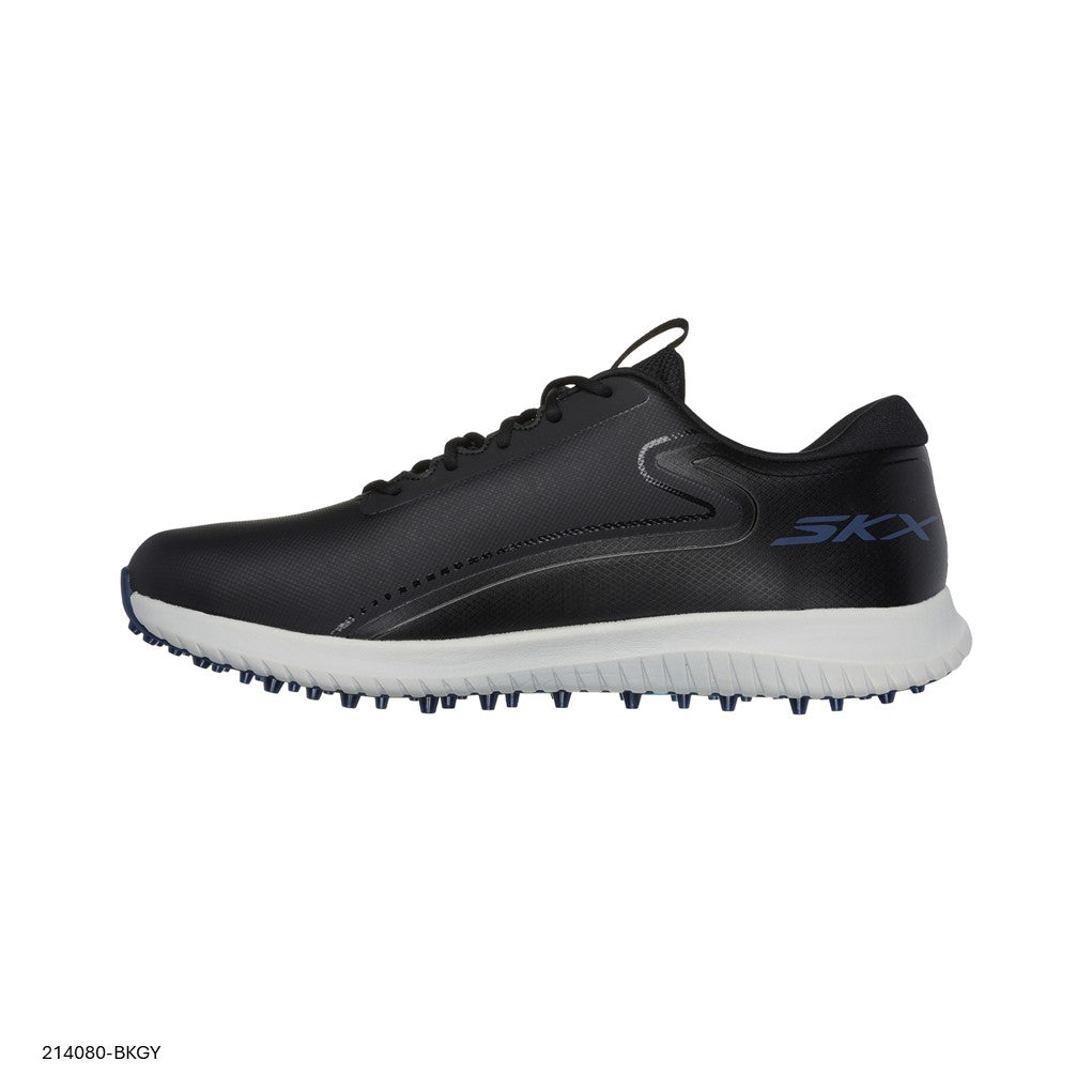 A black Skechers GO GOLF Max 3 spikeless golf shoe with a lace-up synthetic leather upper and a spikeless outsole.