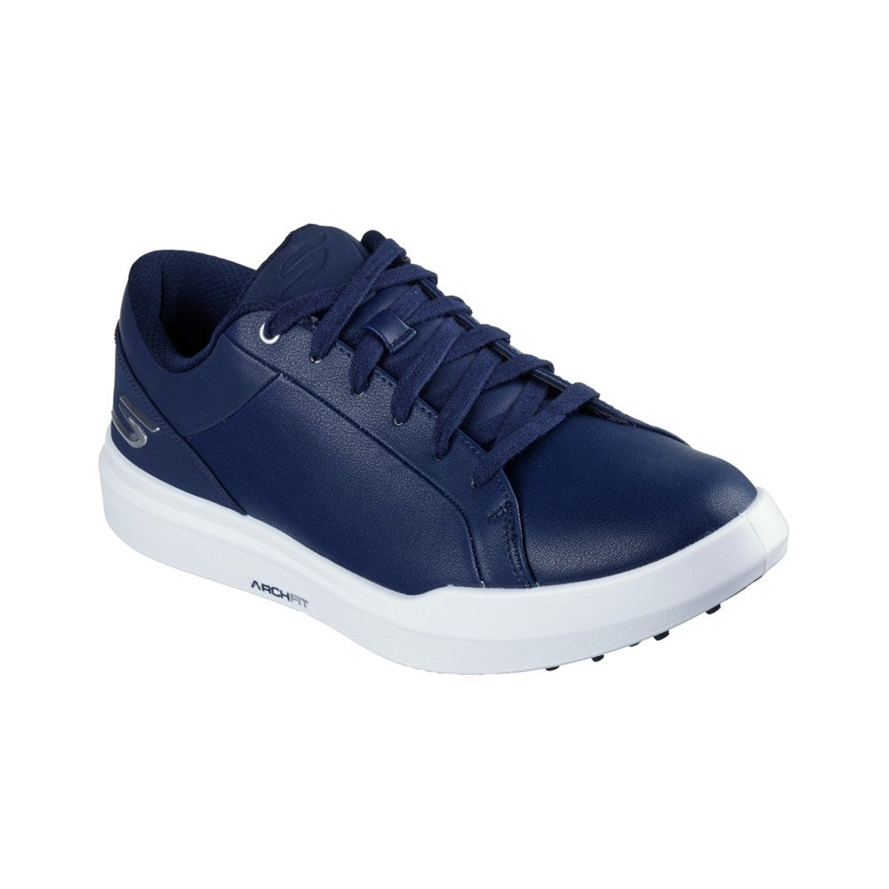 A navy blue Skechers GO GOLF Drive 6 spikeless golf shoe with a white sole. Side view.