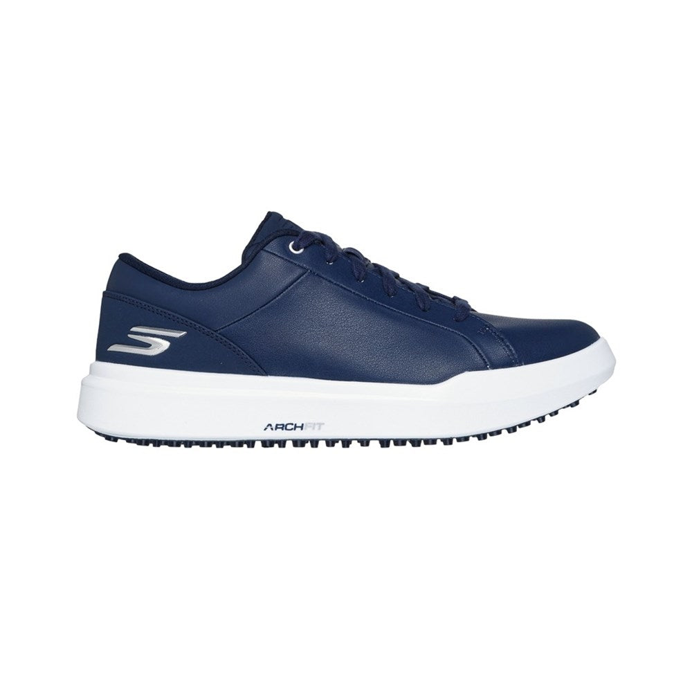 A navy blue Skechers GO GOLF Drive 6 spikeless golf shoe with a white sole.