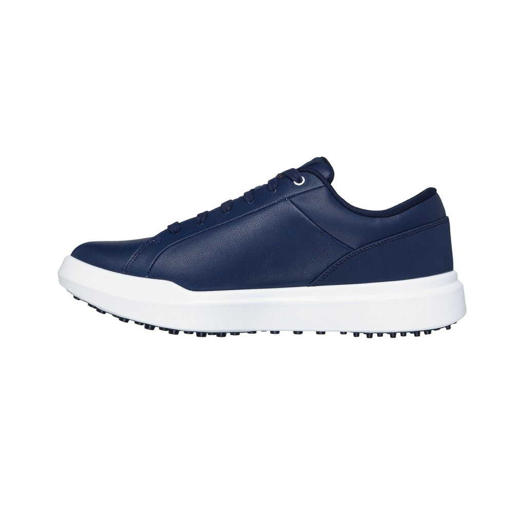 A navy blue Skechers GO GOLF Drive 6 spikeless golf shoe with a white sole.