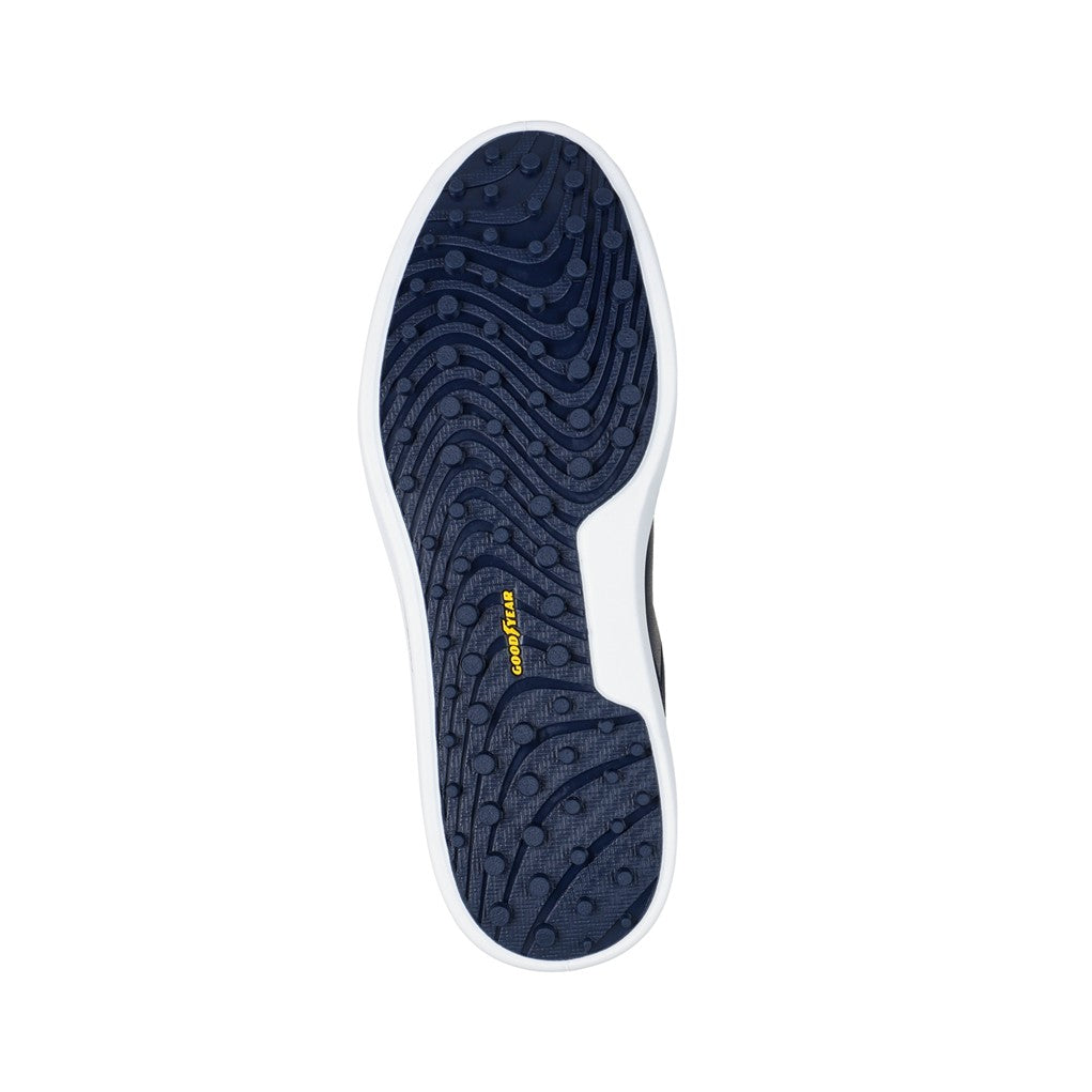 A navy blue Skechers GO GOLF Drive 6 spikeless golf shoe with a white sole. Bottom view