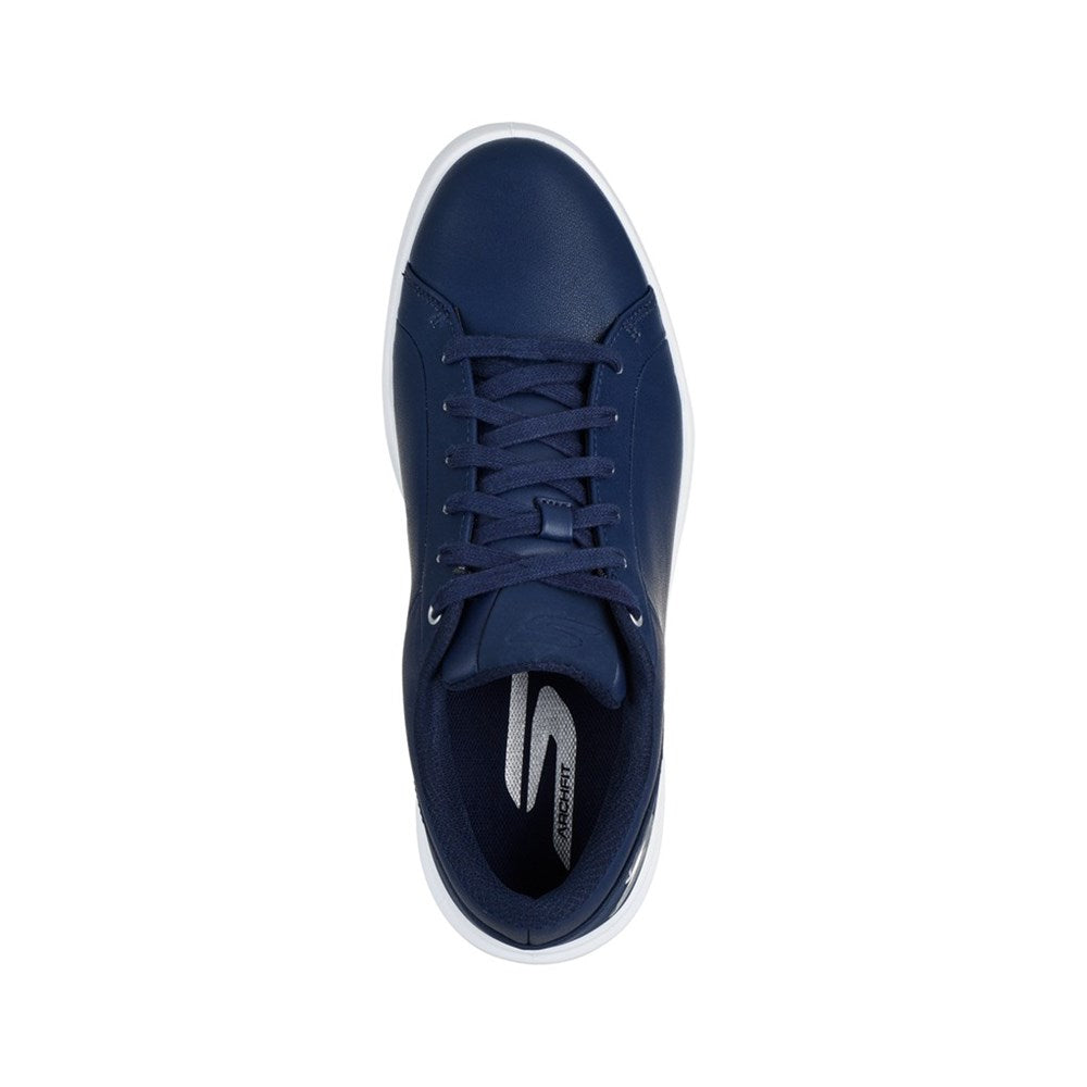 A navy blue Skechers GO GOLF Drive 6 spikeless golf shoe with a white sole. Top view