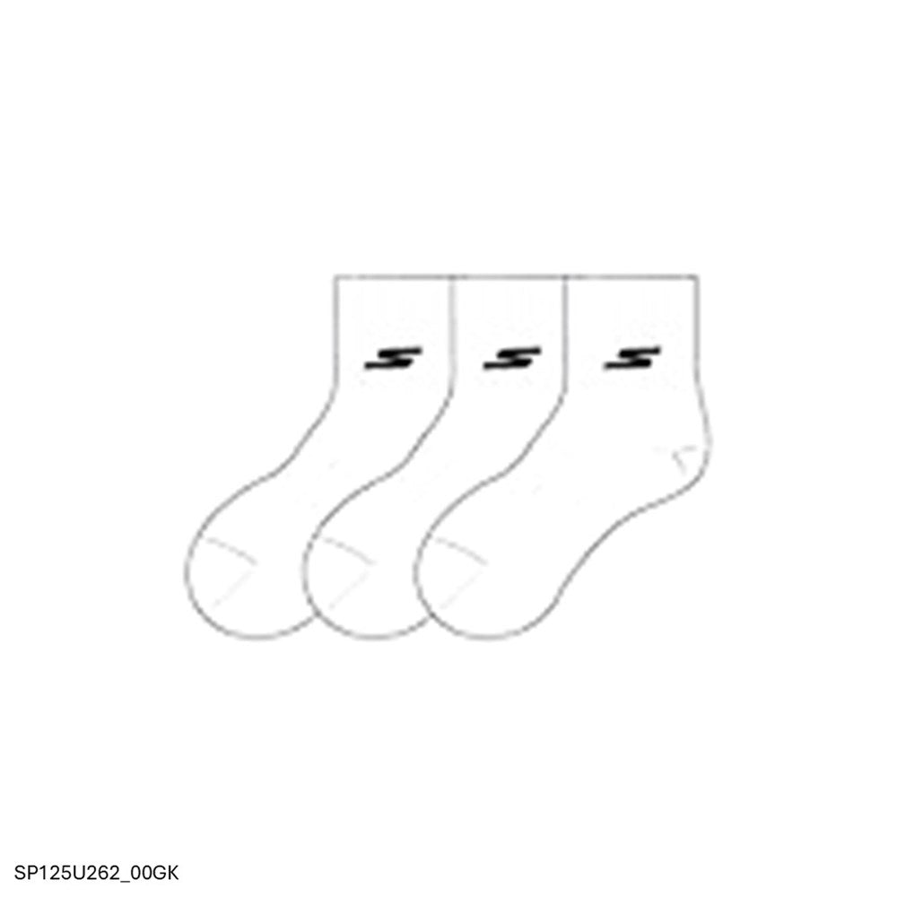 A three-pack of white quarter socks with the SKECHERS logo on the side.
