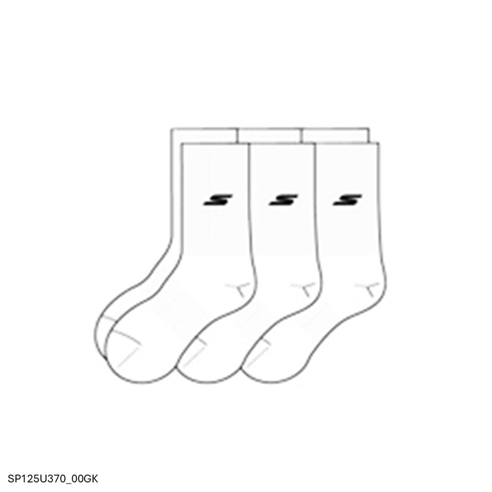 Line drawing of three white crew socks with the SKECHERS logo on the ankle area.