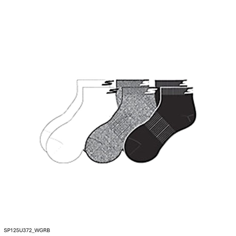 Three pairs of quarter ankle socks in black, white, and gray colors, laid out in a row.