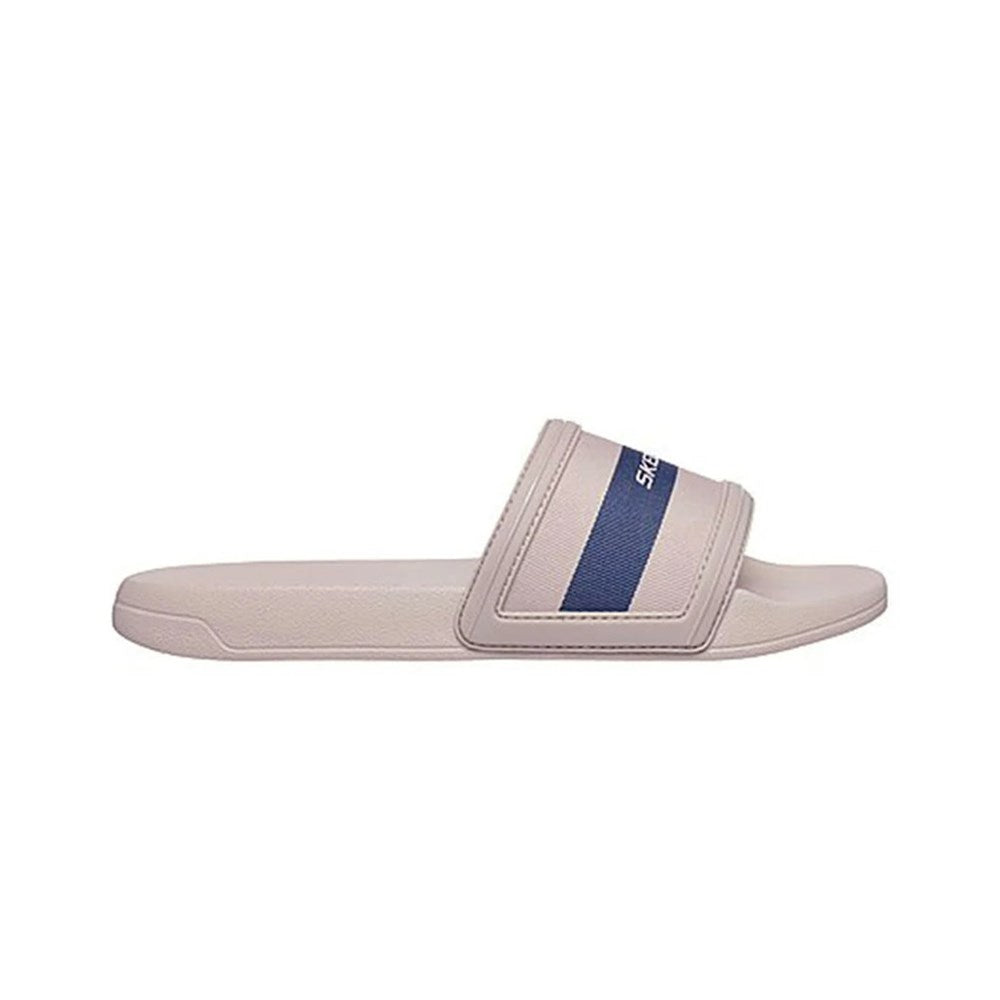 Beige slide sandal with a blue strap on a white background