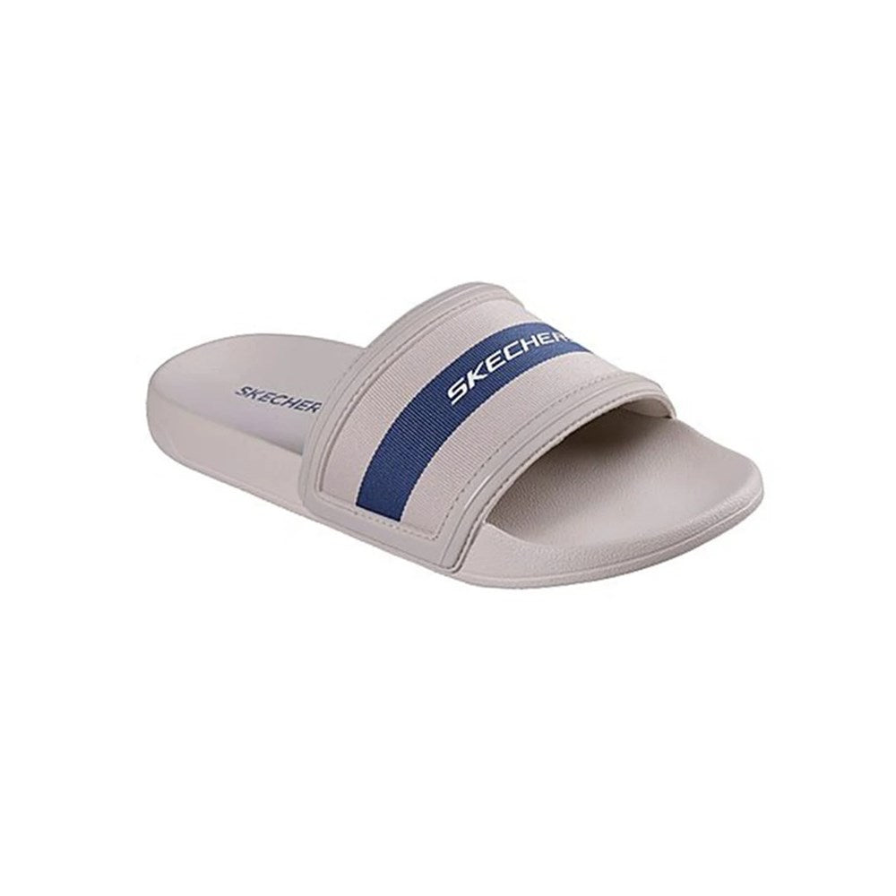 Beige slide sandal with blue band featuring 'Skechers' logo on a white background