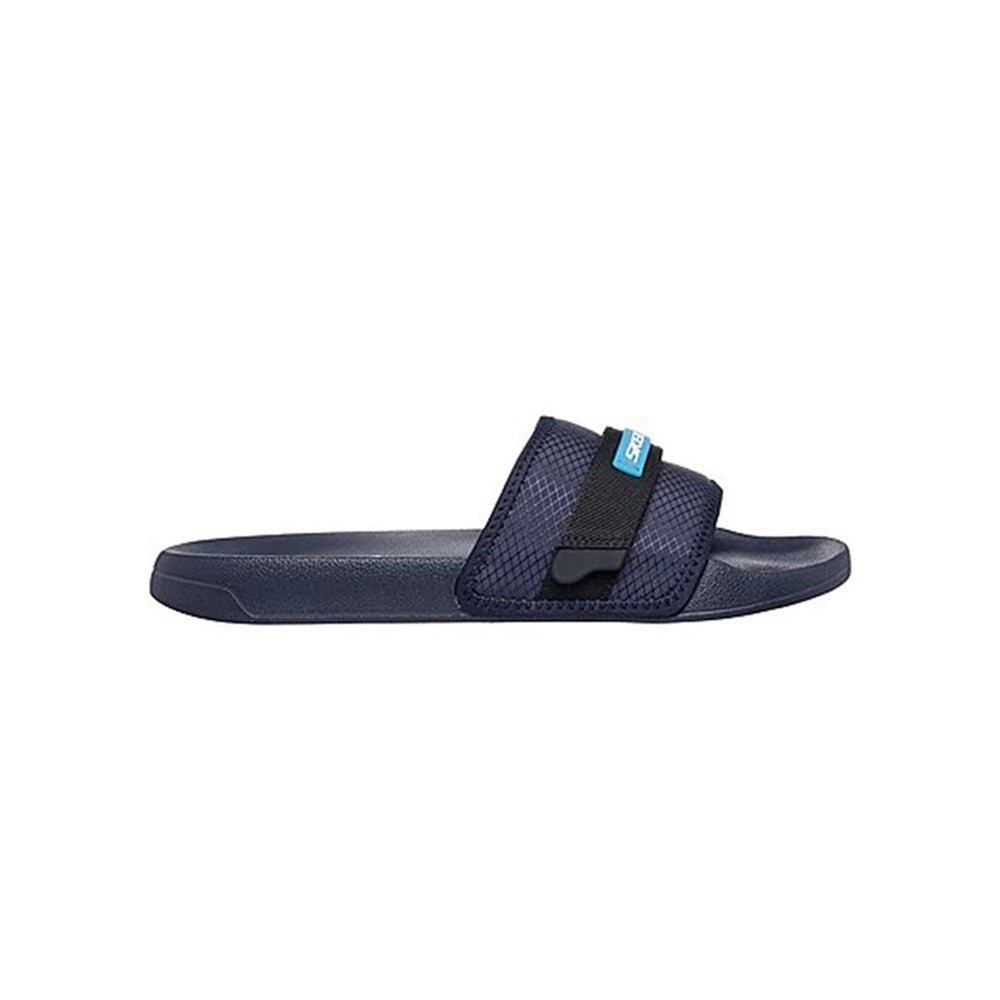Navy slide sandal with a black strap on a white background