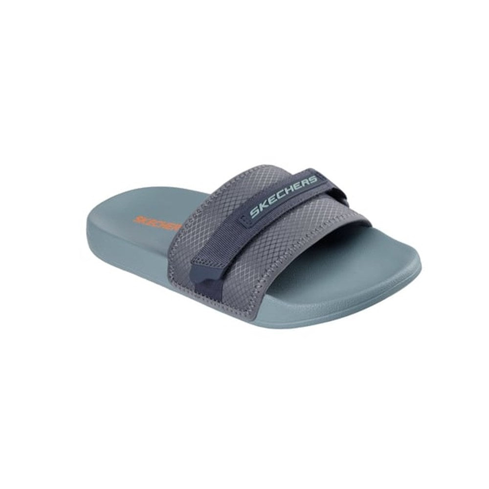 Blue slide sandal with a strap on a white background