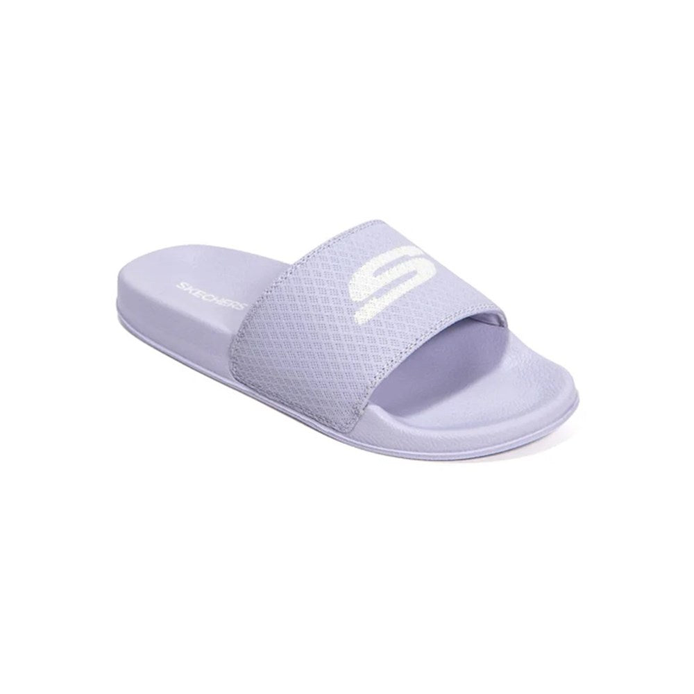Purple slide sandal with brand logo on a white background