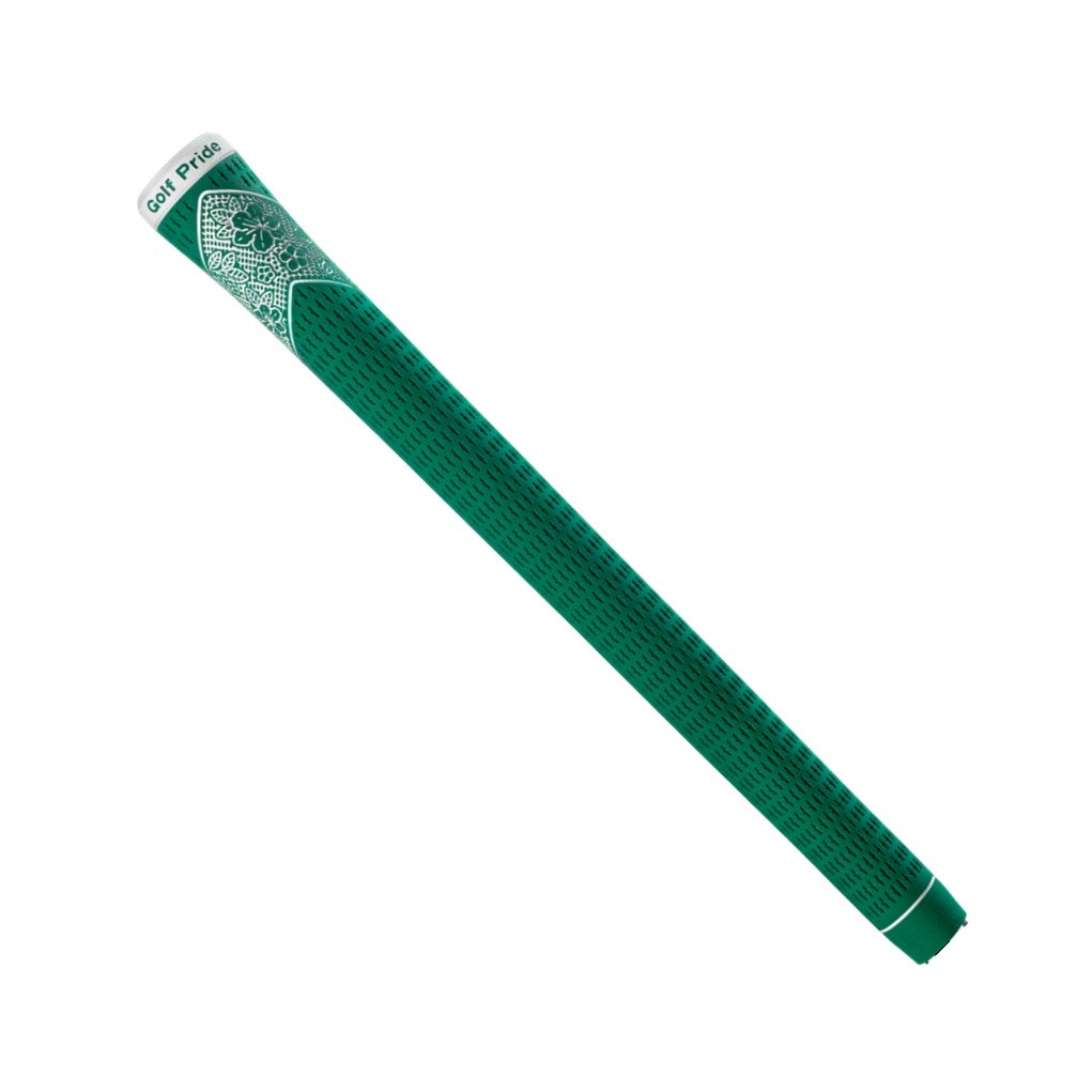 A green Golf Pride Tour Velvet golf club grip with a white logo and additional design elements.