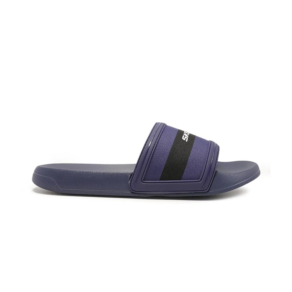 Blue slide sandal with a black strap on a white background