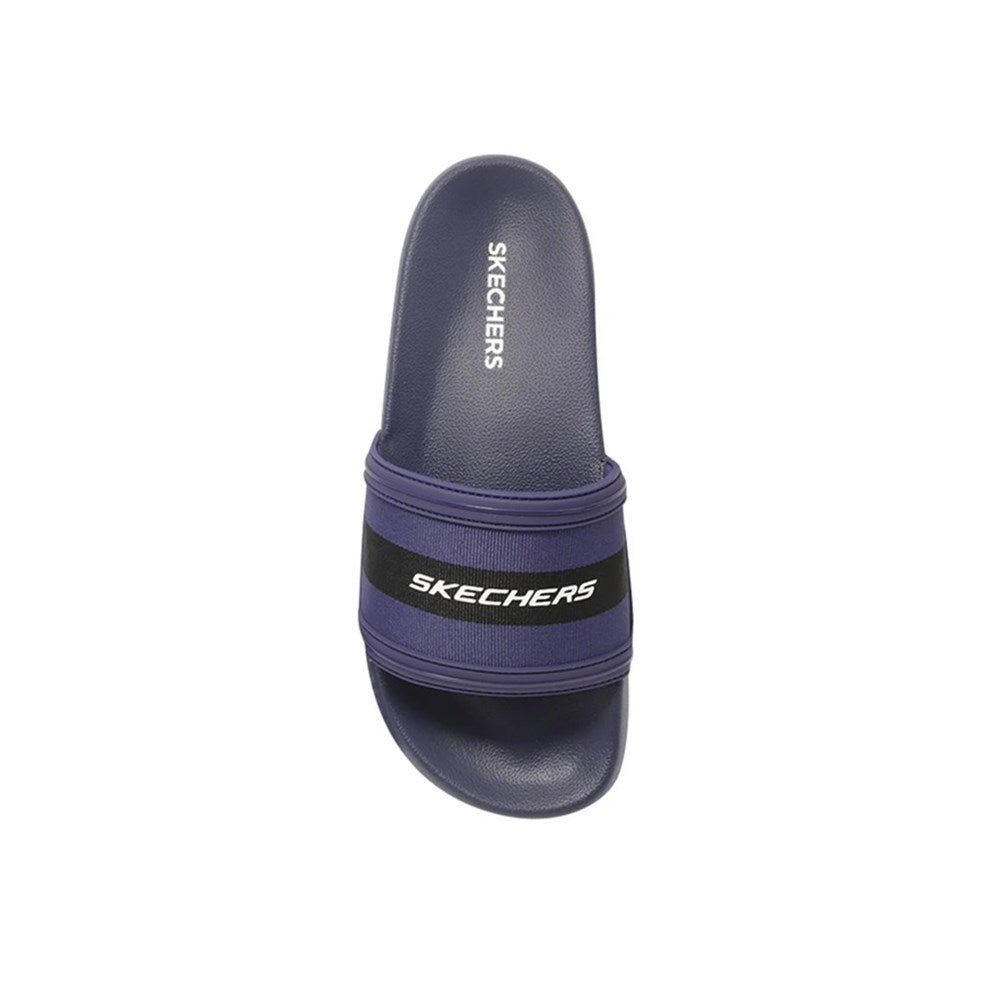 Purple slide sandal with 'Skechers' branding on a white background