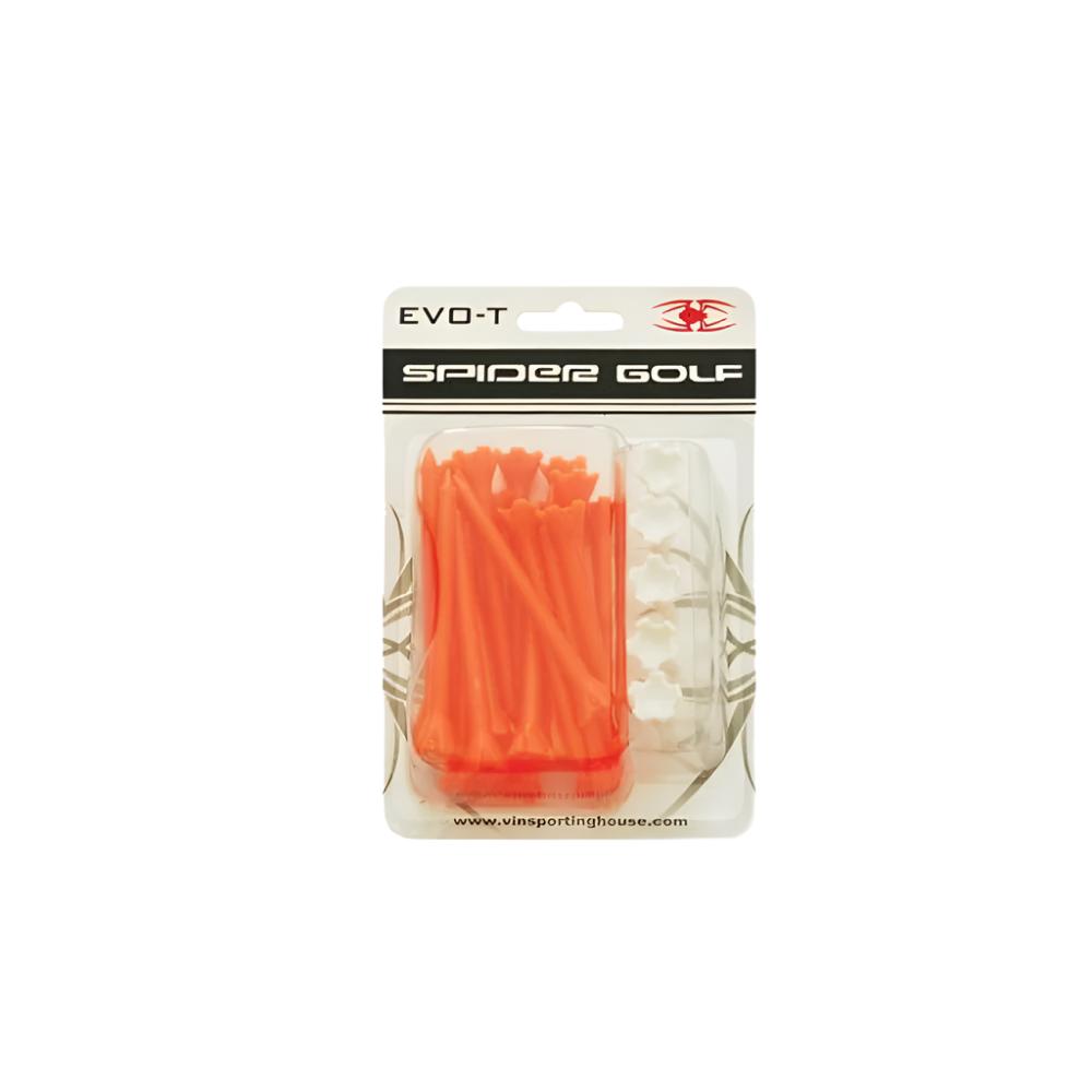 Spider Plastic Evo‑T Retail Pack Orange (25pcs) offers durable, high‑performance tees in 70mm, 75mm, and 83mm sizes.