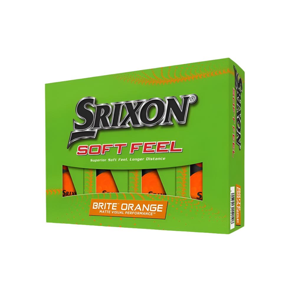 A box of Srixon Soft Feel golf balls in green color with the brand and product name displayed prominently.