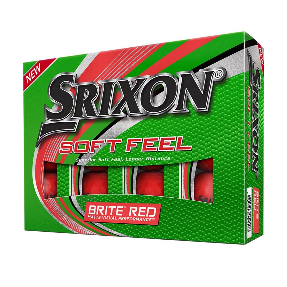 A box of Srixon Soft Feel golf balls in green color with the brand and product name displayed prominently.