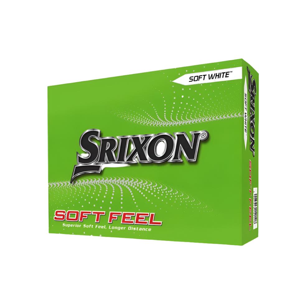 A box of Srixon Soft Feel golf balls in green color with the brand and product name displayed prominently.