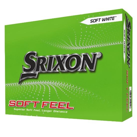 A box of Srixon Soft Feel golf balls in green color with the brand and product name displayed prominently.