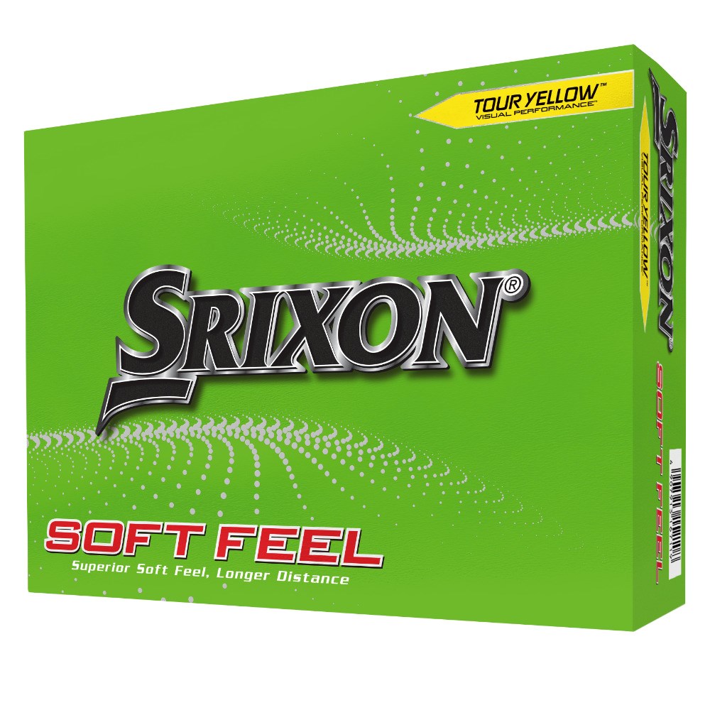 A box of Srixon Soft Feel golf balls in green color with the brand and product name displayed prominently.