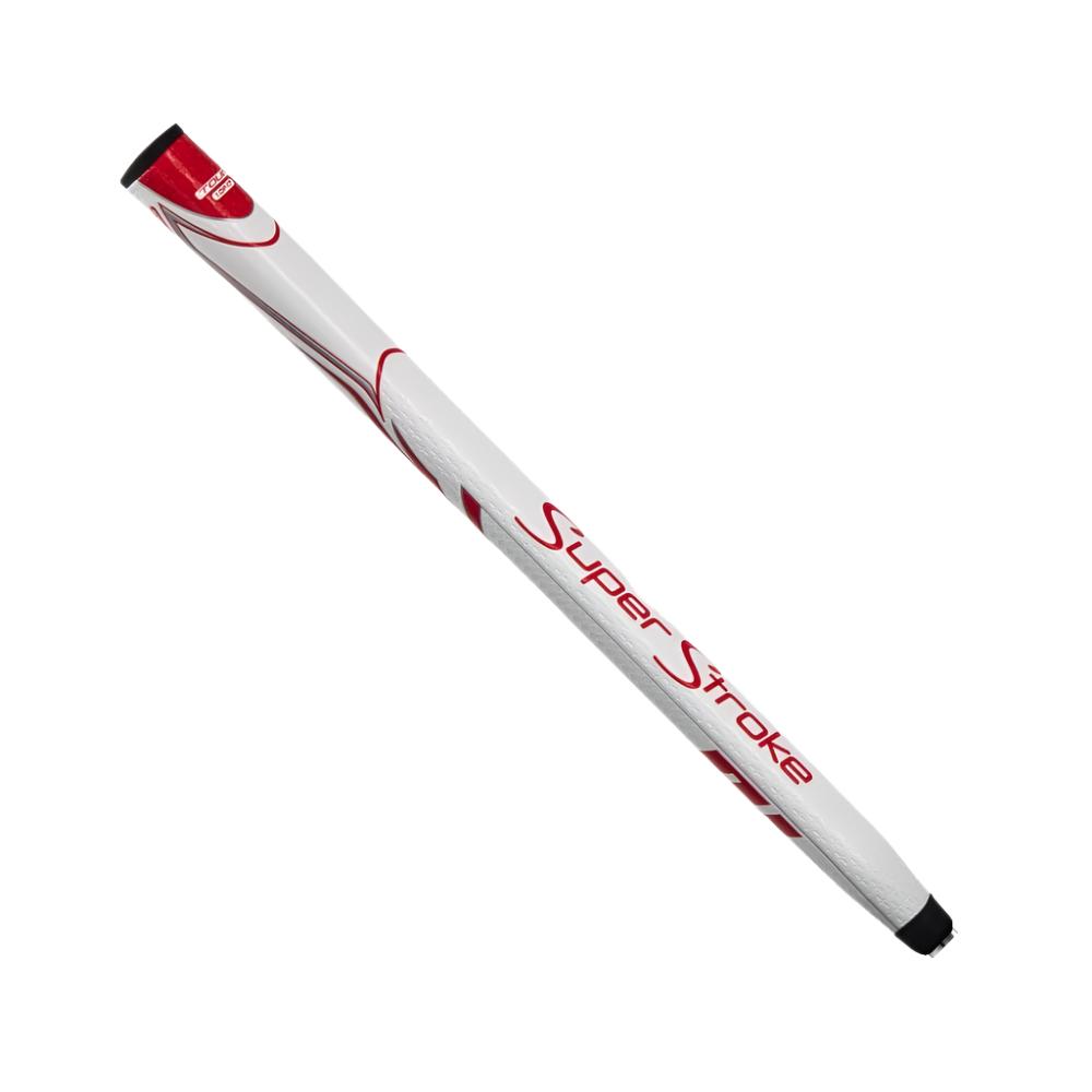 A white putter grip with red accents and the branding 'Super Stroke' displayed prominently along the shaft.