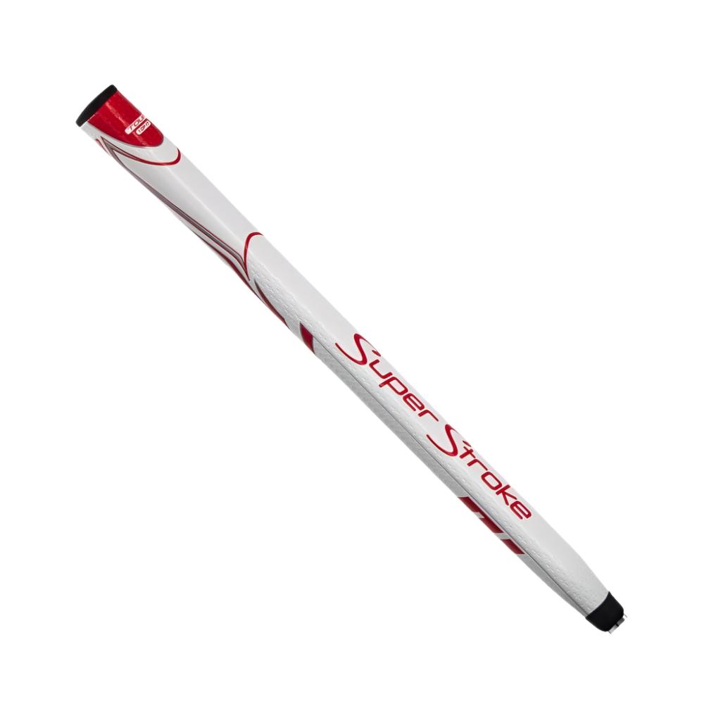 A Super Stroke Zenergy 1.0P 17 inch putter grip for golf, predominantly white with black accents and branding.