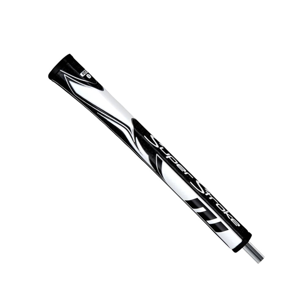 A black and white putter grip with a pistol-style top, featuring geometric patterns and the branding 'Super Stroke'.