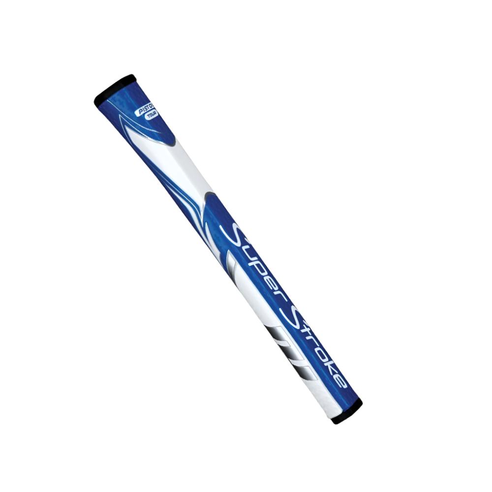 A blue and white putter grip with a pistol-style top, featuring geometric patterns and the branding 'Super Stroke'.