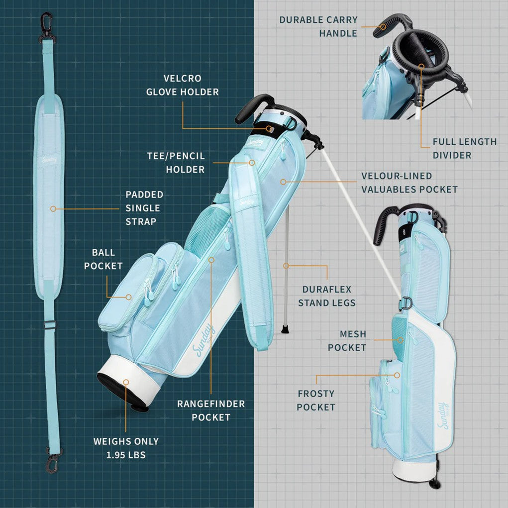A light blue golf bag with a stand mechanism deployed, featuring multiple pockets and a shoulder strap brochure.