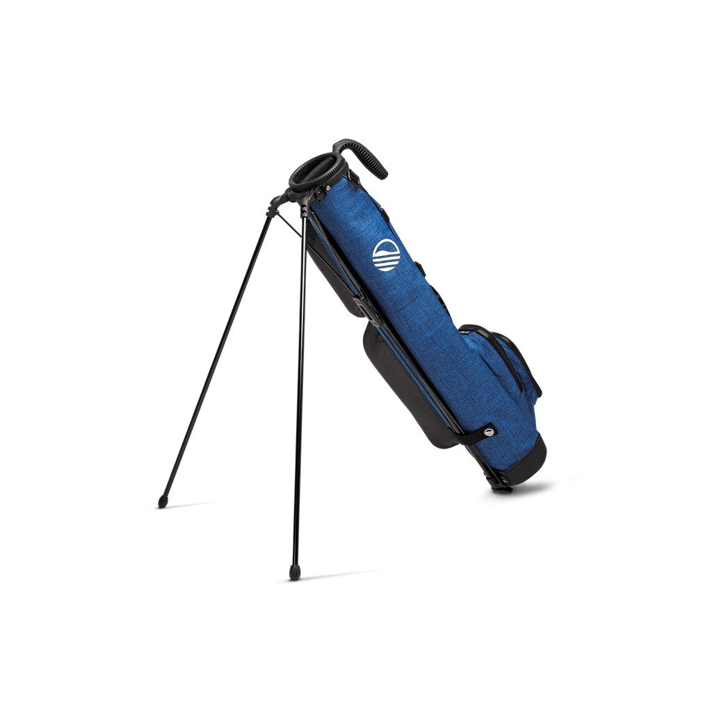 A blue and black Sunday Golf golf bag with a stand, featuring multiple pockets and a shoulder strap.