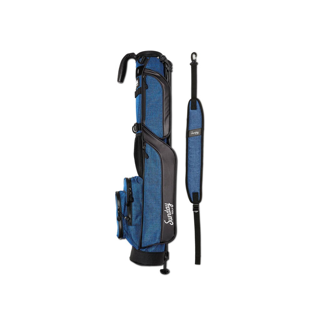 A blue and black Sunday Golf golf bag with a stand, featuring multiple pockets and a shoulder strap.