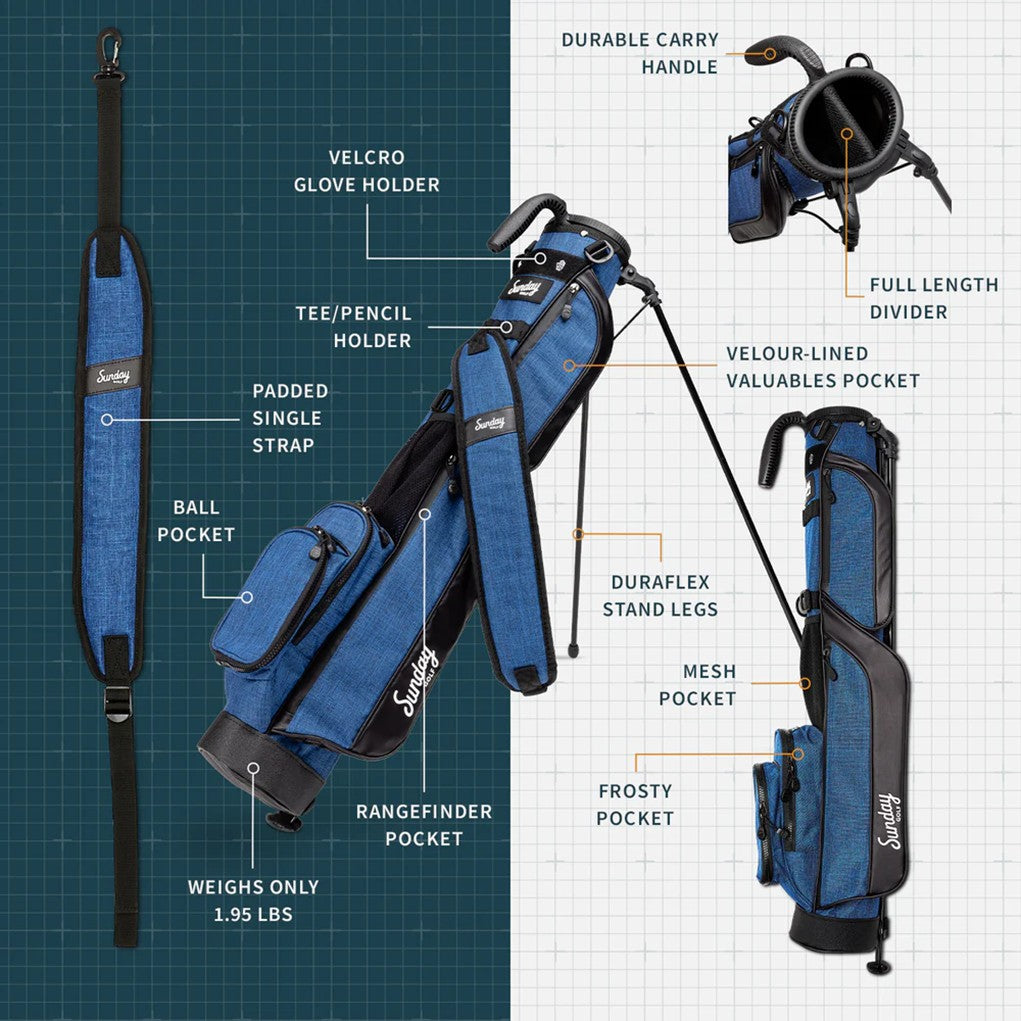 A blue and black Sunday Golf golf bag with a stand, featuring multiple pockets and a shoulder strap brochure.