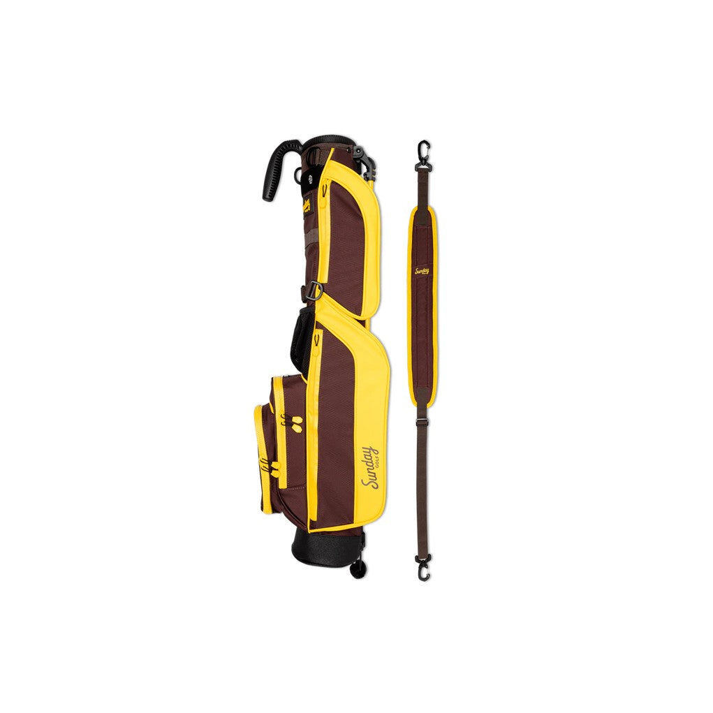 A yellow and maroon golf bag with a full-length shoulder strap and stand, set against a white background.