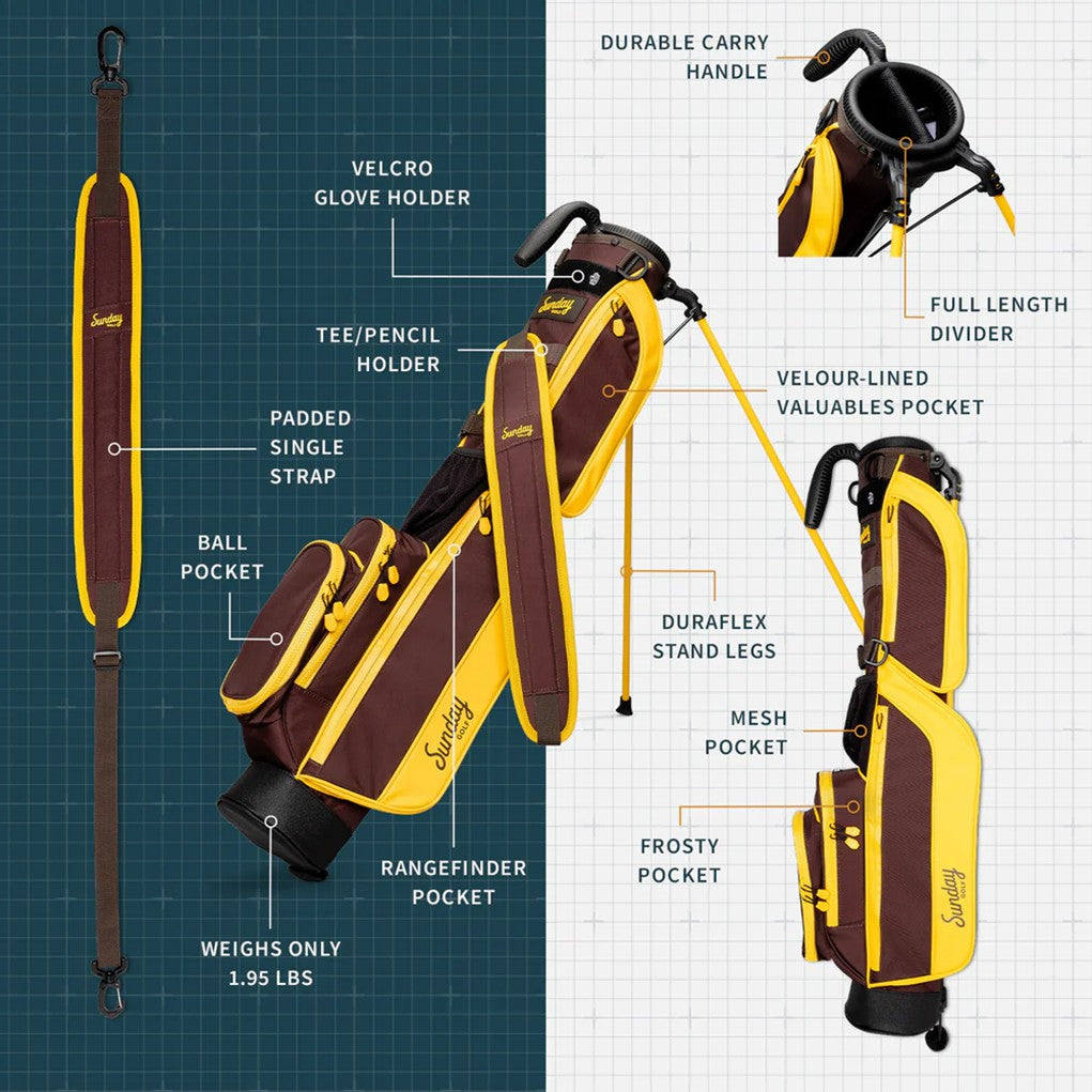 A yellow and maroon golf bag with a full-length shoulder strap and stand, set against a white background brochure.