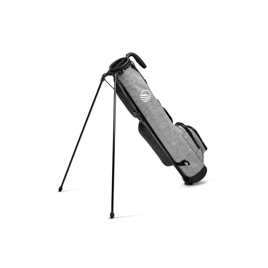A black and gray Sunday Golf range/green side golf bag with a cushioned shoulder strap and stand feature.