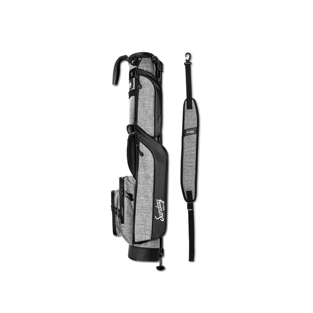 A black and gray Sunday Golf range/green side golf bag with a cushioned shoulder strap and stand feature.