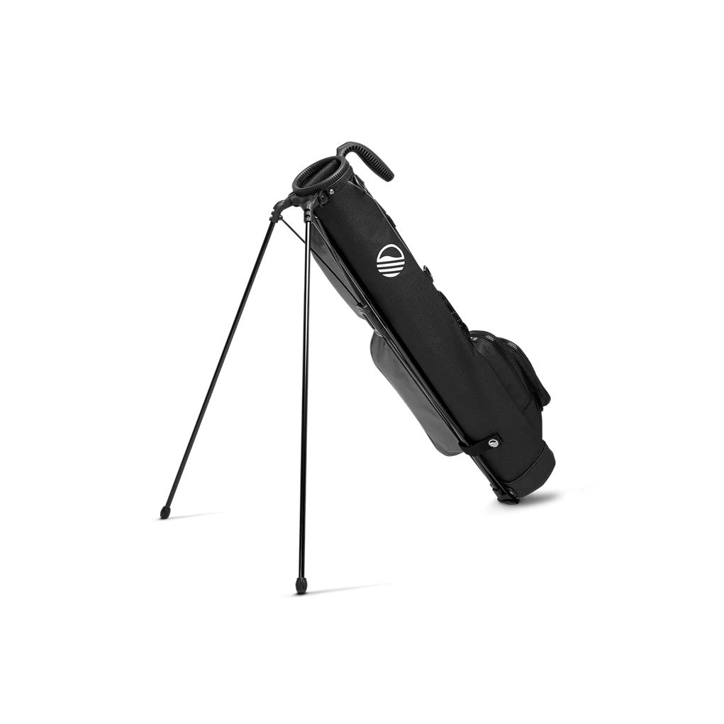 A black golf bag with a stand system, shoulder strap, and multiple pockets, designed for carrying golf clubs and accessories.