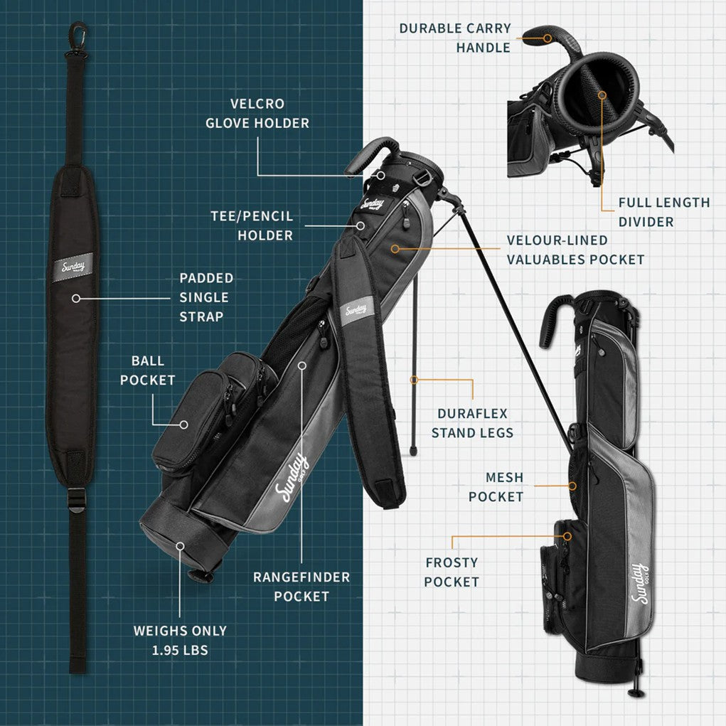 A black golf bag with a stand system, shoulder strap, and multiple pockets, designed for carrying golf clubs and accessories brochure.