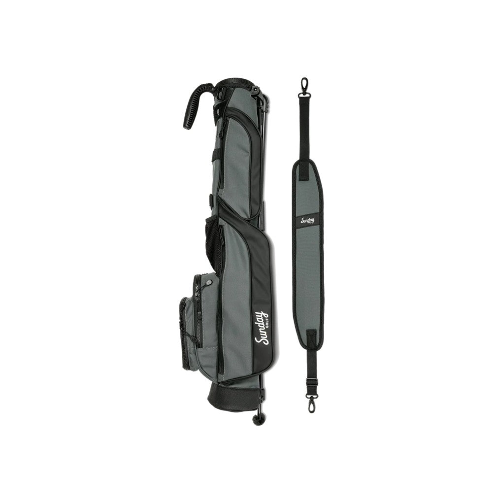A black golf bag with a stand detachable straps, multiple pockets, and a shoulder strap.