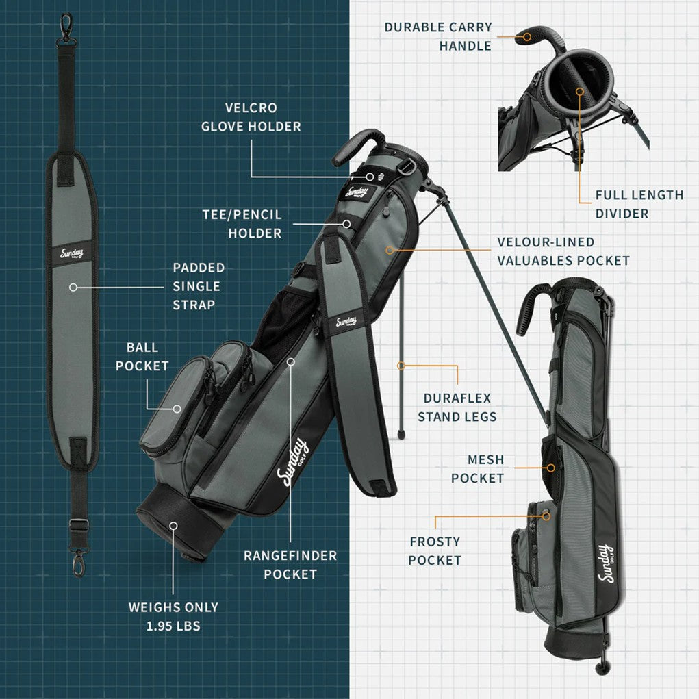 A black golf bag with a stand detachable straps, multiple pockets, and a shoulder strap brochure.