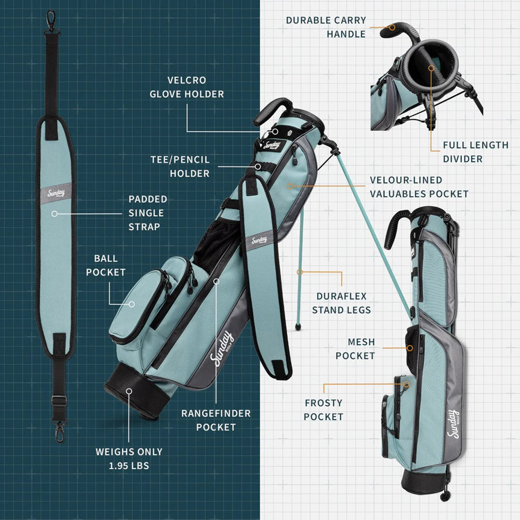A blue and black golf bag with a stand mechanism deployed, set against a white background brochure.