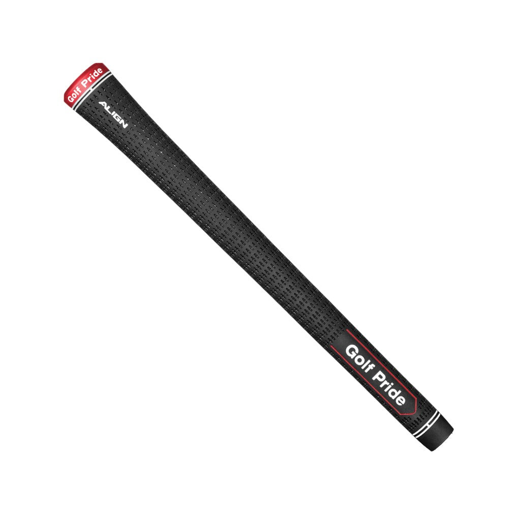 A black Golf Pride midsize grip with a red ridge and plus sign texture, designed for golf clubs.