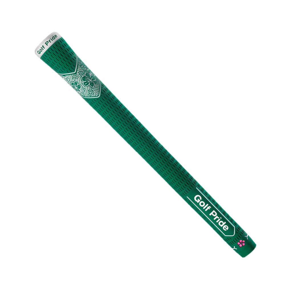 A green Golf Pride midsize grip featuring the Tour Velvet design with an honorary starter logo.