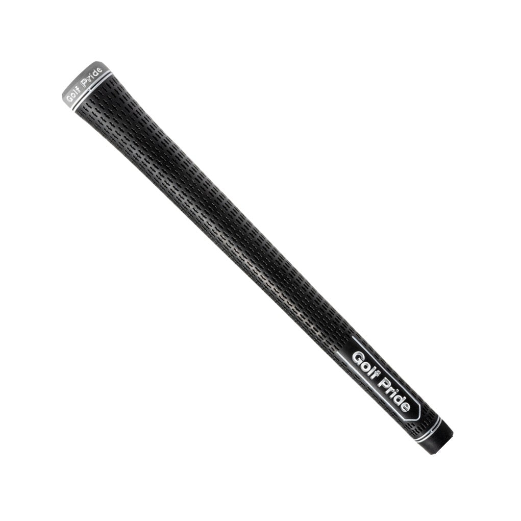A black and gray Golf Pride midsize grip with Tour Velvet texture and Tour Tack outer layer.